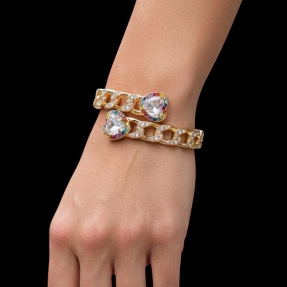 Authentic Kurt Geiger London Rainbow Crystal Heart Chain Bypass Bangle NWT - Picture 7 of 14